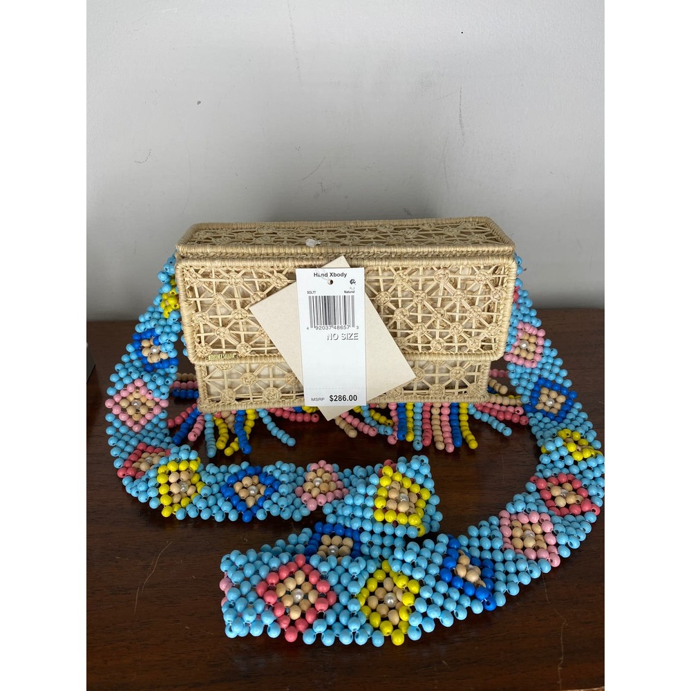 Woven Straw Clutch with Blue Multicolor Beaded Strap